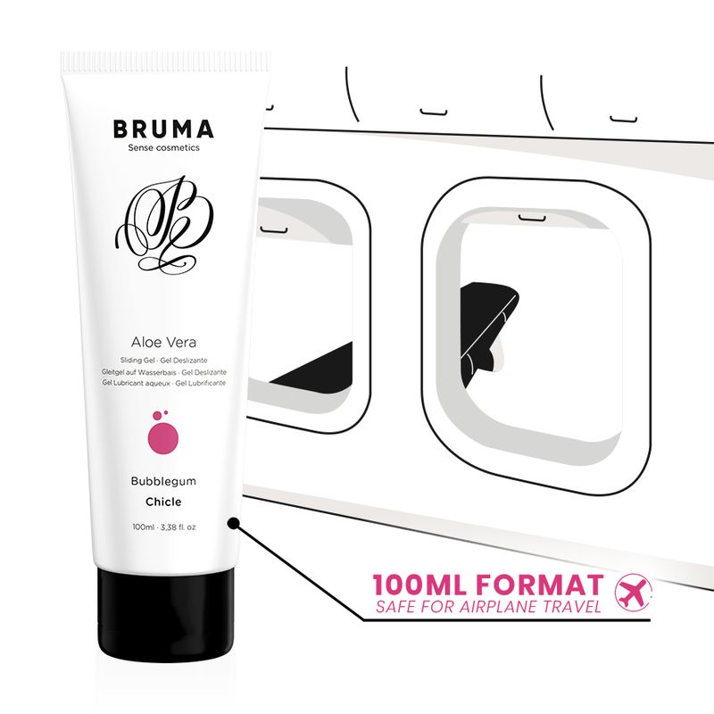 Branding Bruma Aloe Vera Bubblegum Chicle Gleitgel, 100ml Tube. Text: 100ml Format, Safe for Airplane Travel.