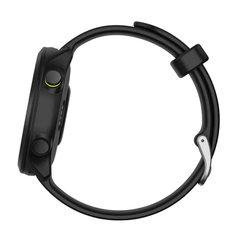 Schwarze Smartwatch, Seitenansicht. Zeigt Knöpfe und Armbandbefestigung. Marke Garmin.