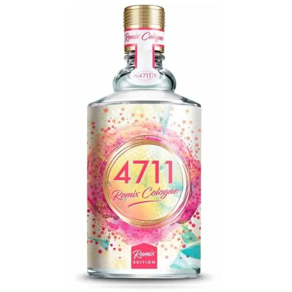 Glasflakon. Logo 4711 Remix Cologne. Rosa, gelbe und blaue Farbtöne. Goldfarbener Verschluss.