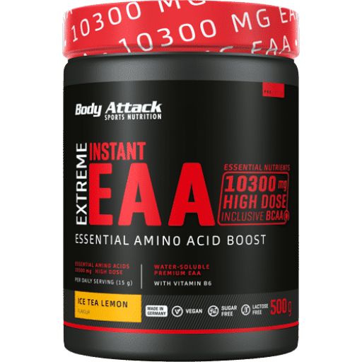 Schwarze Dose mit rotem Deckel. Aufschrift: Body Attack Extreme Instant EAA. Enthält 10300 mg EAA. Vegan, zuckerfrei, laktosefrei. 500g.