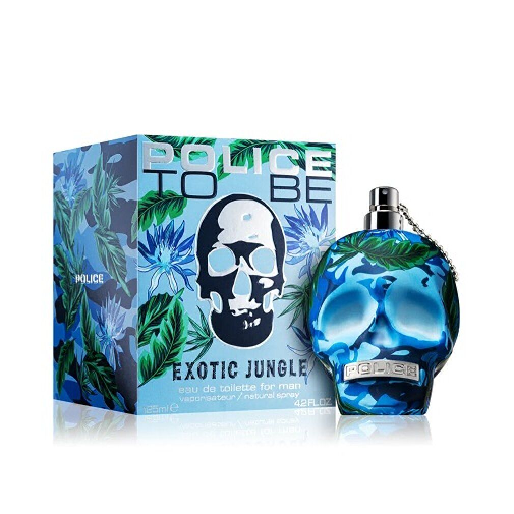 Flasche Police To Be Exotic Jungle Man Eau De Toilette Spray in Totenkopf-Form, blau-getarnt mit grünen Blättern.