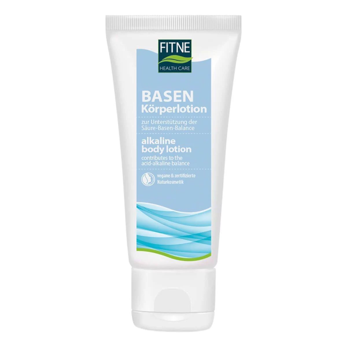 Weiße Tube mit FITNE-Logo und Aufschrift BASEN Körperlotion. Enthält alkaline body lotion. Vegan und ohne künstliche Duftstoffe.