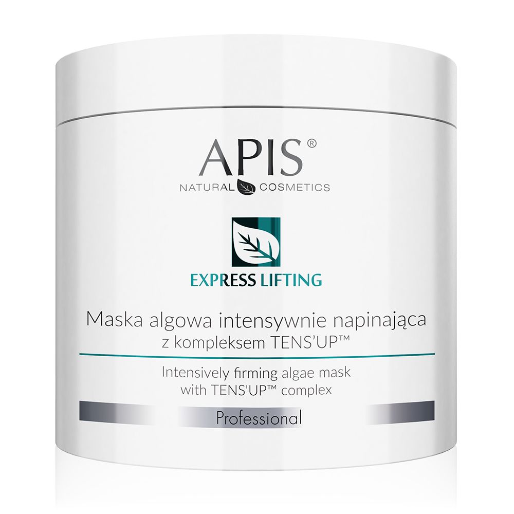 Weißer Tiegel mit APIS-Logo und Produktbezeichnung. Text: EXPRESS LIFTING, Maske mit TENS'UP-Komplex. Professionell.