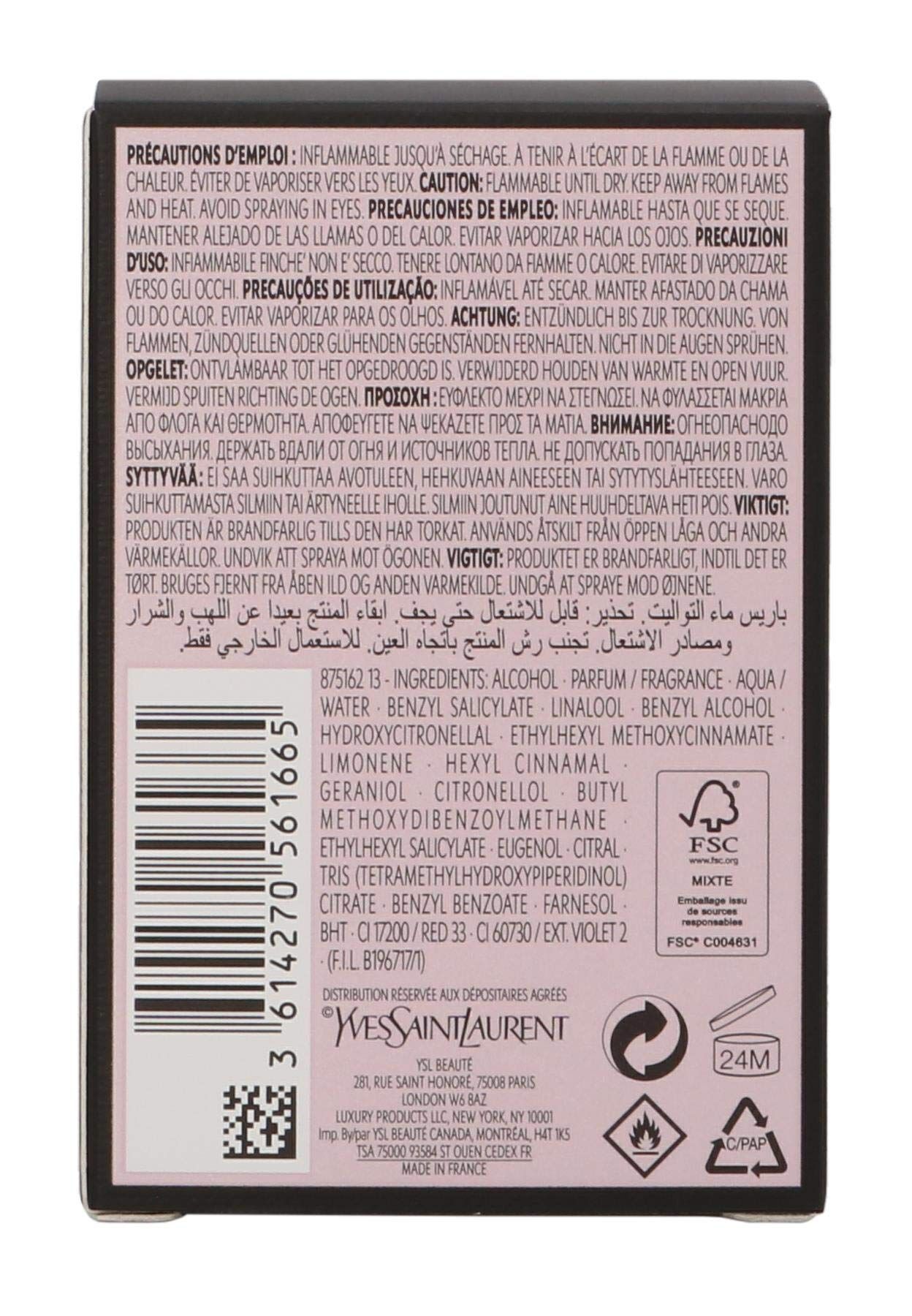 Rückseite der Produktverpackung. Text in mehreren Sprachen. Inhaltsstoffe, Warnhinweise, Recycling-Symbol.