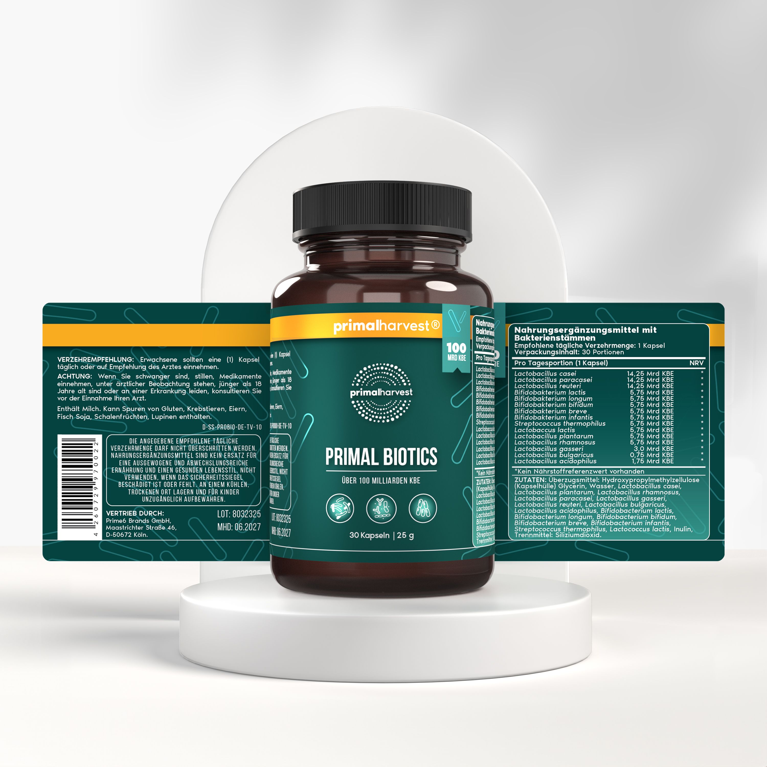 Eine Flasche Primal Harvest Probiotika mit Etiketten. Aufschrift: 100 Milliarden KBE, 30 Kapseln.