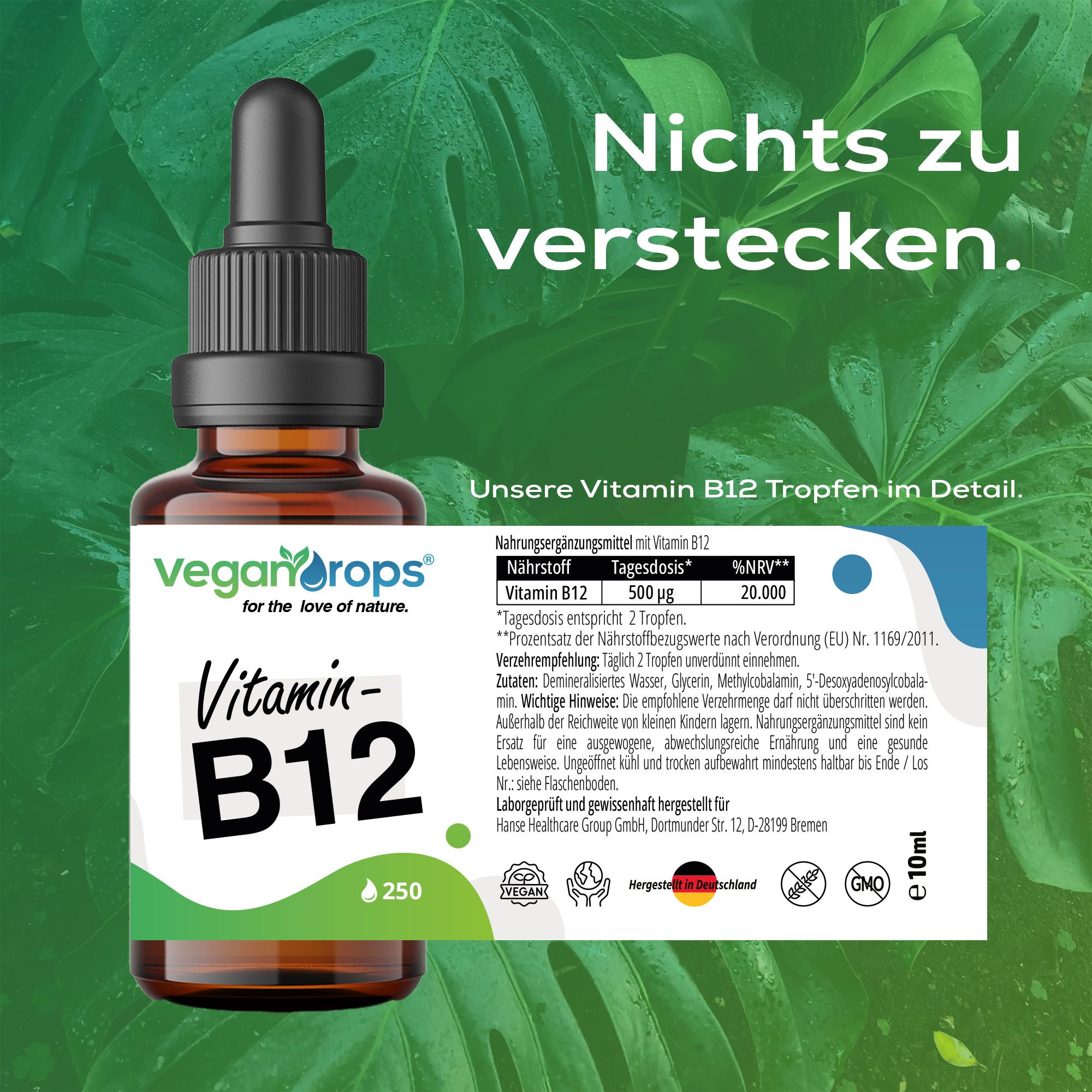Braune Tropfenflasche mit Tropfer. Aufschrift: Vegan Drops Vitamin B12. Text: Nährwertangaben, Inhaltsstoffe, Dosierung. Vegan-Siegel.