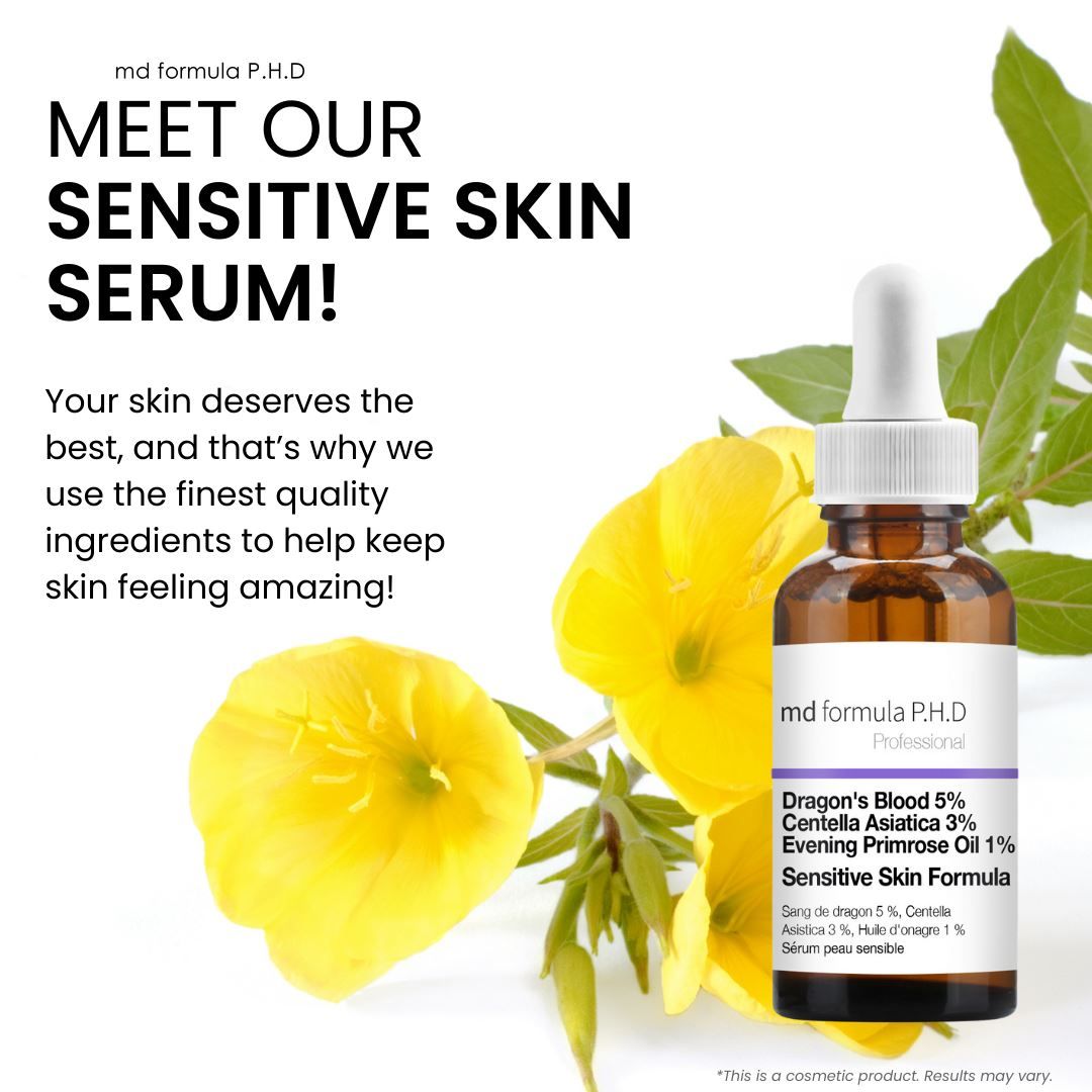 MD Formula P.H.D. Serumflasche neben gelben Blüten und grünen Blättern. Text: 'Meet Our Sensitive Skin Serum!'