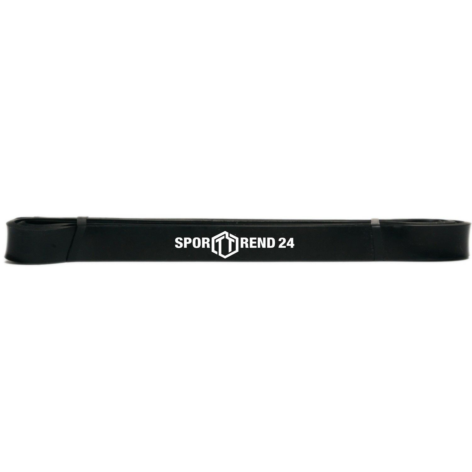 Schwarzes Fitnessband mit weißem Sporttrend24-Aufdruck. Band liegt horizontal.
