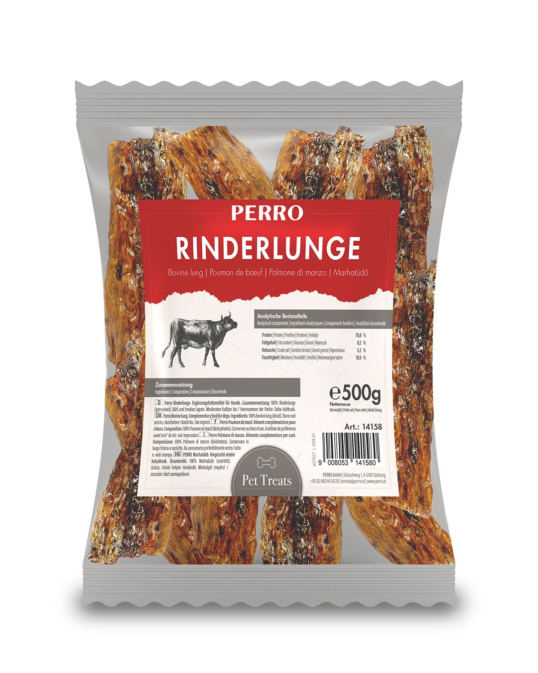 PERRO Rinderlunge - fettarmer Kauartikel für Hunde