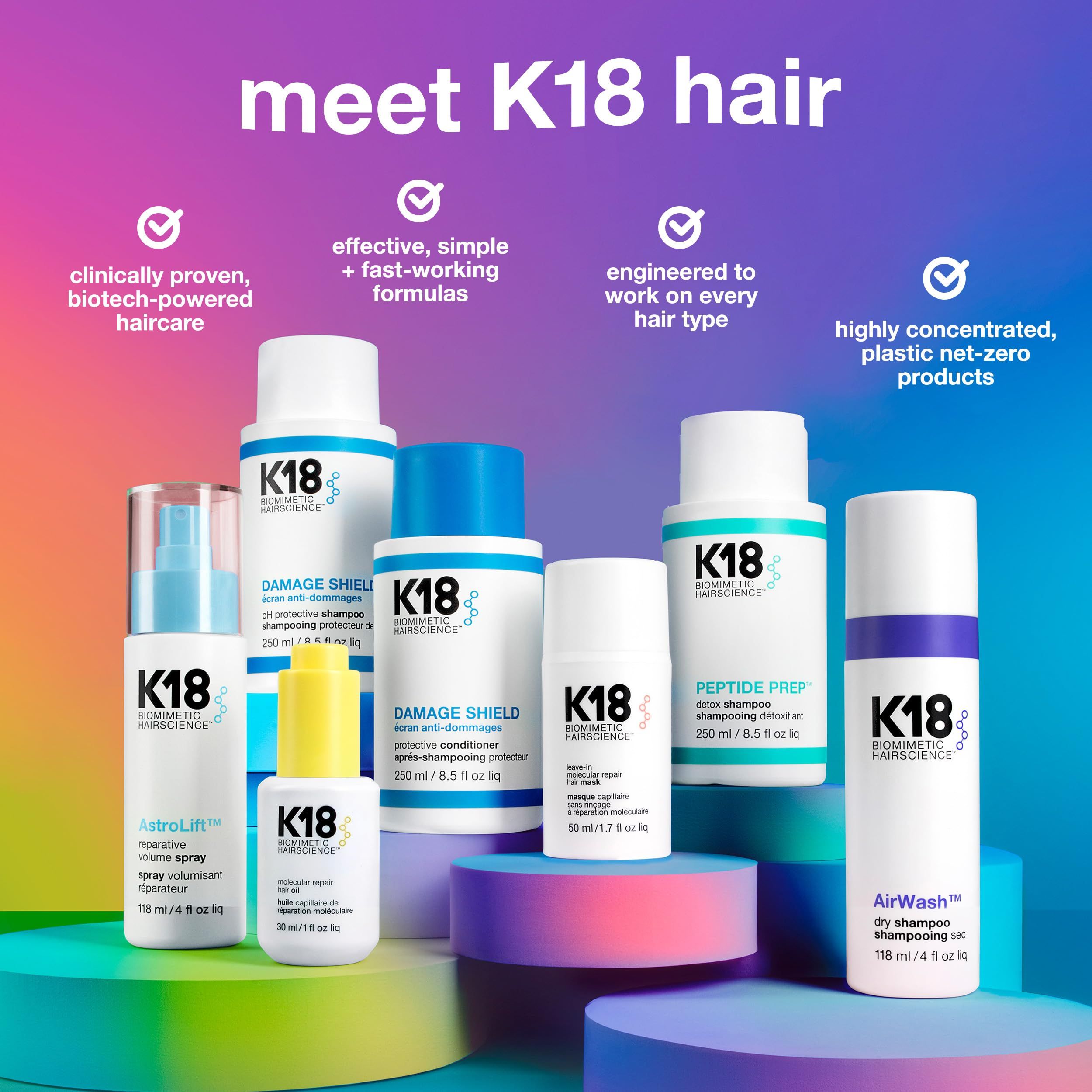 K18-Haarpflegeprodukte. Verschiedene Flaschen und Sprays. K18 Olio Riparatore Molecolare für Capelli.