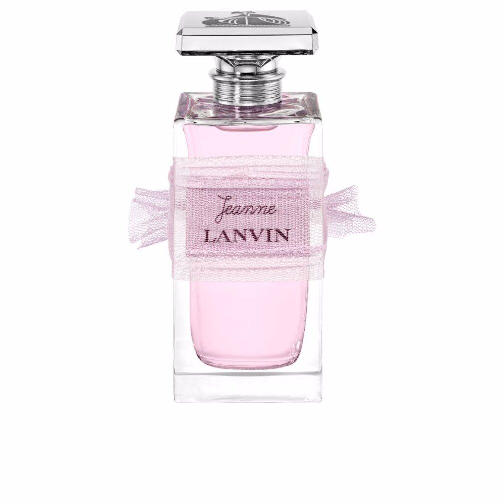 Glasflakon mit rosa Flüssigkeit. Silberner Verschluss. Rosa Band mit Aufschrift: Jeanne LANVIN.
