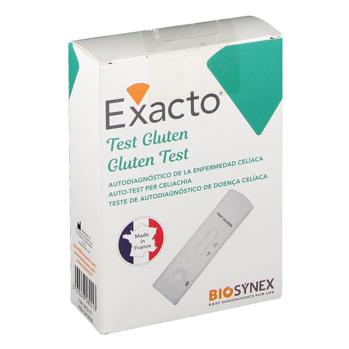 Exacto® Gluten Test-Verpackung. Weißer Karton mit Produktnamen und Teststreifen. Biosynex-Logo und französisches Herstellungslogo.