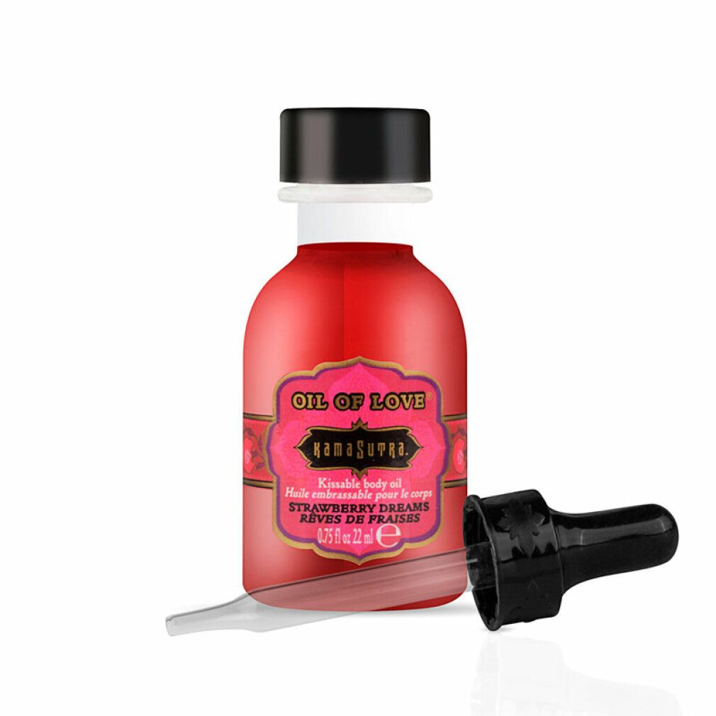 Rotes Öl in Glasflasche mit schwarzem Verschluss und Pipette. Aufschrift: Kamasutra. Produktname: Strawberry Dreams.