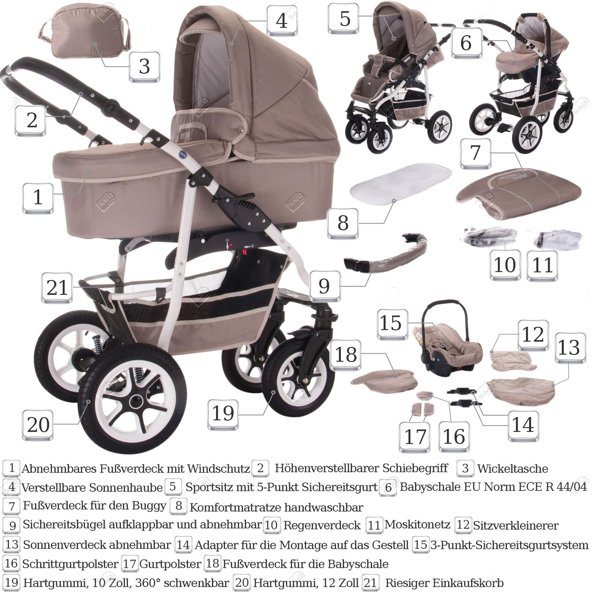Bebebi Bellami 3 in 1 Kinderwagen Set mit Original Maxi Cosi, Luft Bellataupe