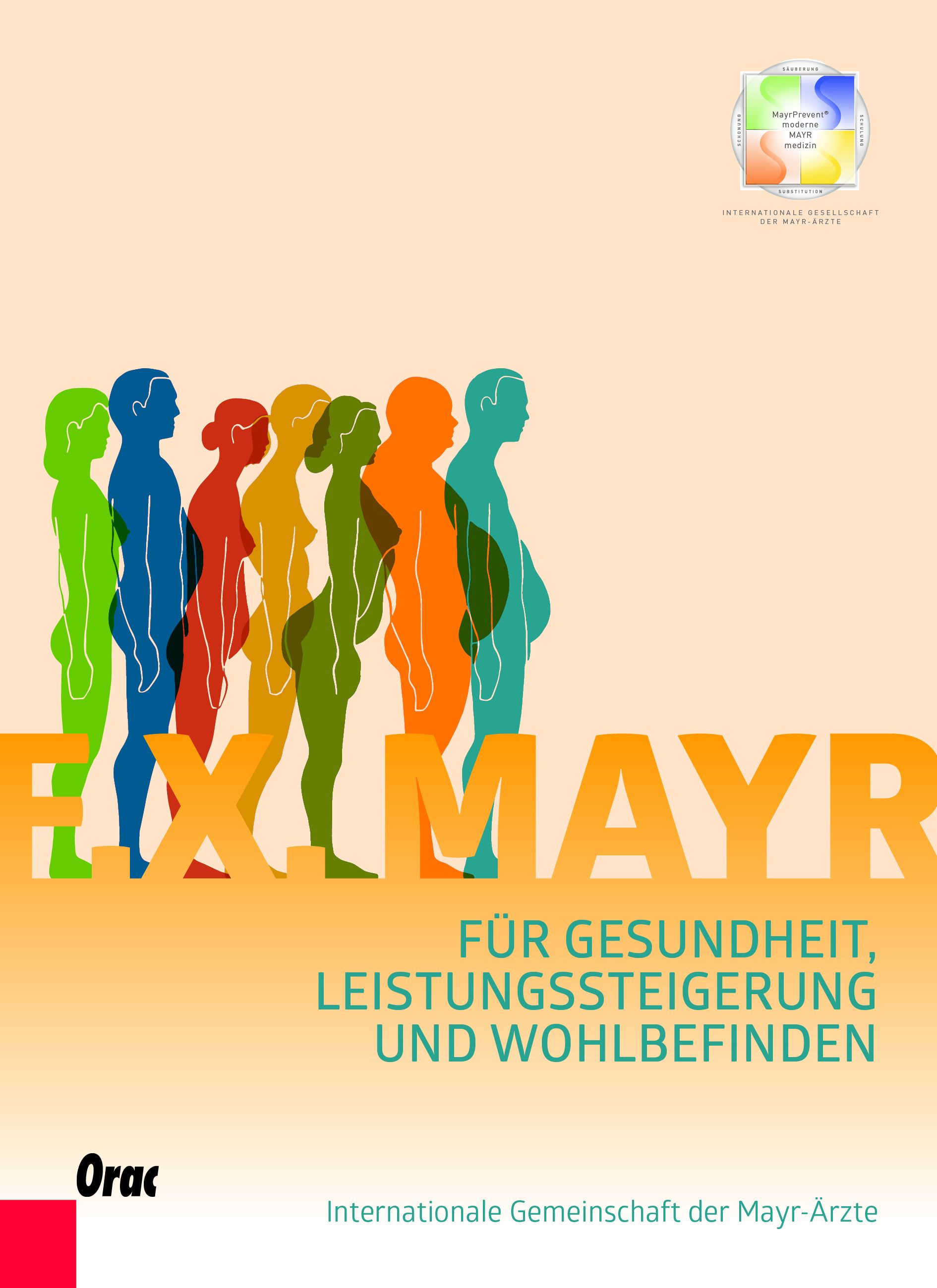 Buchcover mit farbigen Silhouetten von Menschen. Titel: F.X. Mayr. Text: Für Gesundheit, Leistungssteigerung und Wohlbefinden.