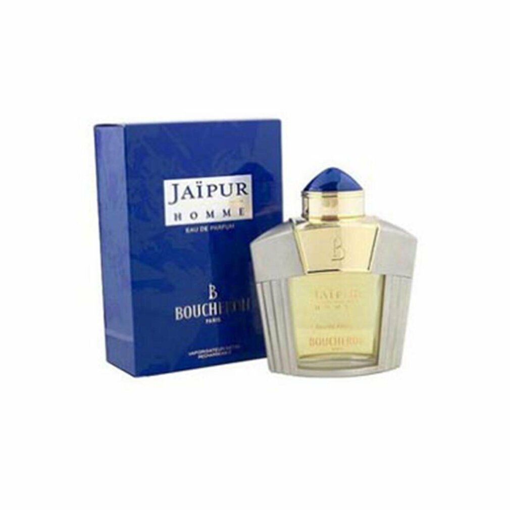 Flakon und Schachtel. Flakon gelb, Deckel blau und gold. Schachtel blau, Aufschrift Jaïpur Homme.