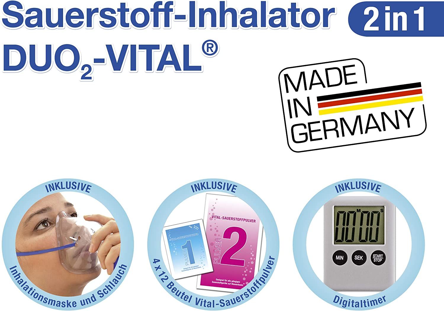 Verpackung mit DUO2-VITAL, Sauerstoff-Inhalator. Inklusive Maske, Pulverbeutel und Digitaltimer. Made in Germany.