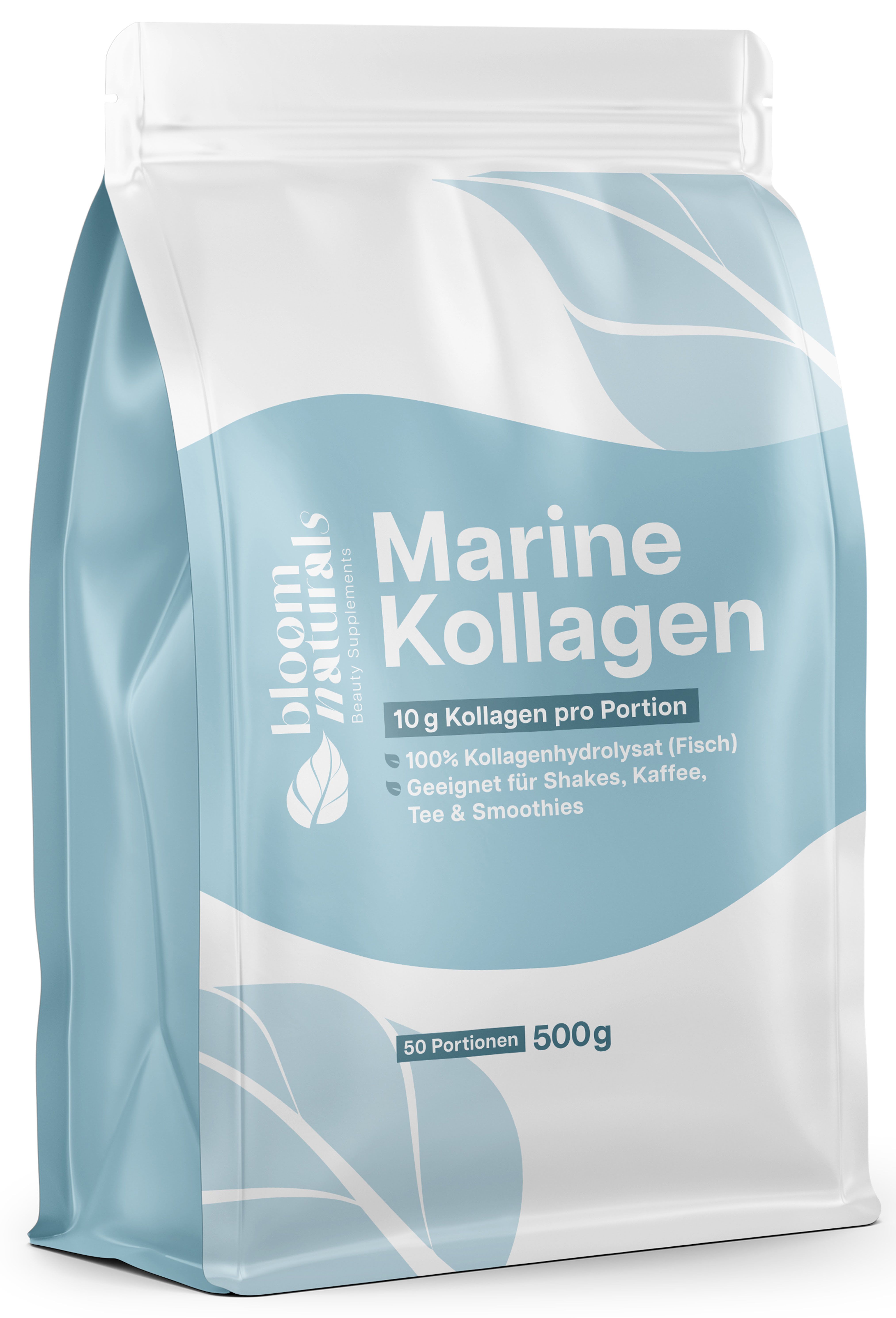 Beutel mit Marine Kollagen. Text: 10 g Kollagen pro Portion, 100% Kollagenhydrolysat (Fisch), geeignet für Shakes, Kaffee, Tee & Smoothies. 50 Portionen, 500g.