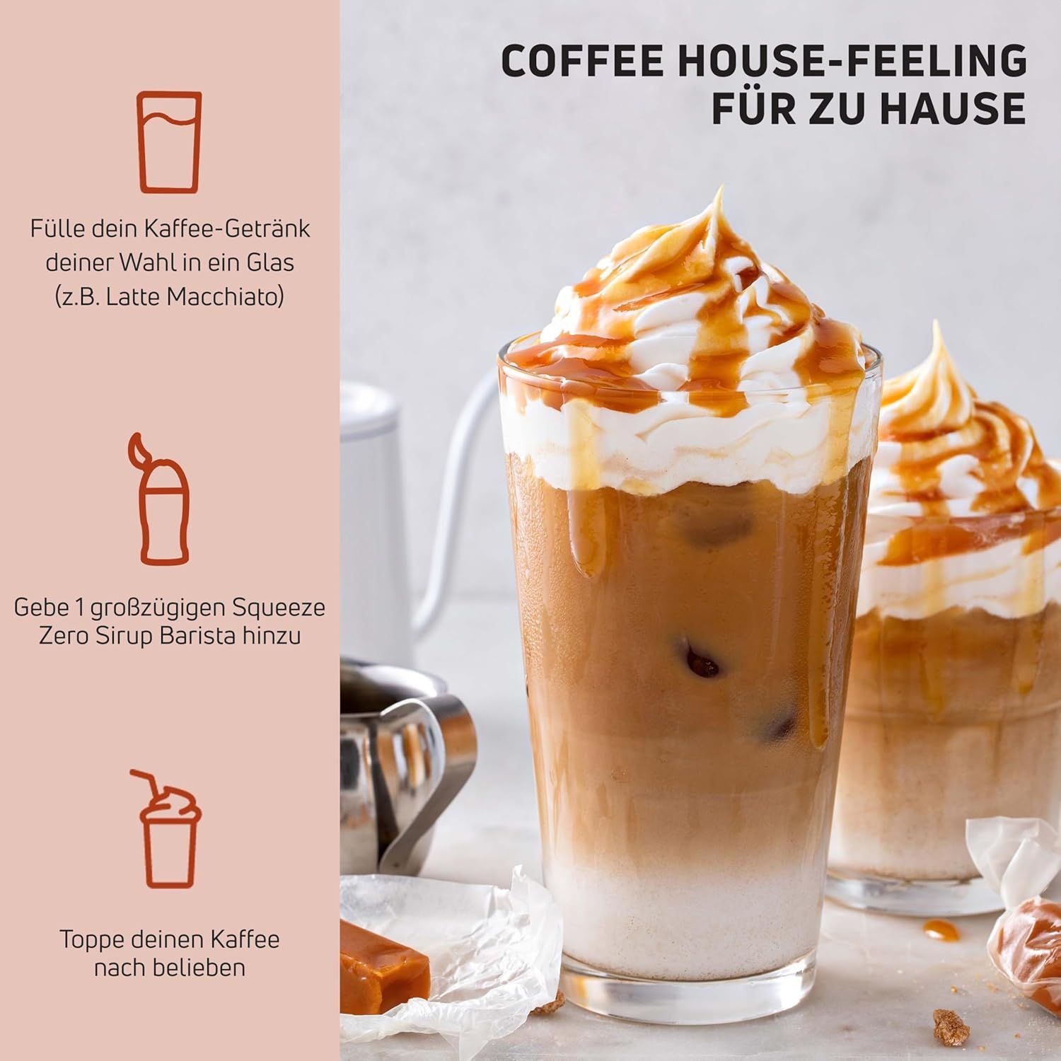 Zwei Gläser Eiskaffee mit Sahne. Anweisungen: Zero Sirup Barista hinzufügen, Kaffee nach Belieben toppen.