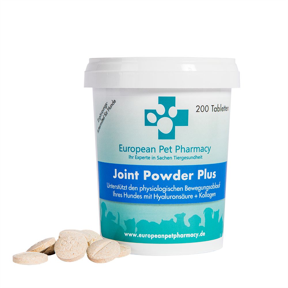 Eimer mit Tabletten. Aufschrift: European Pet Pharmacy Joint Powder Plus. 200 Tabletten. Tabletten liegen daneben.