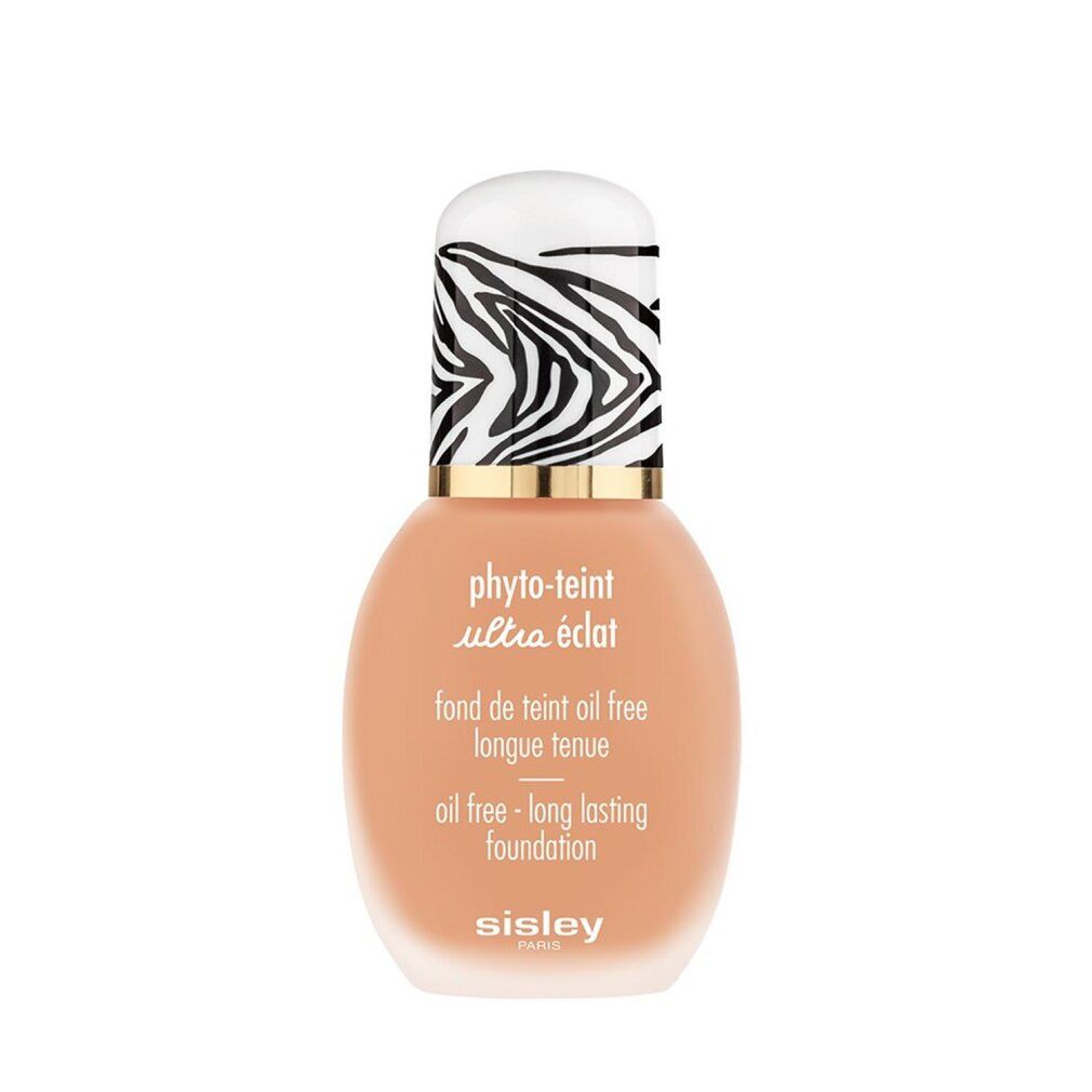 Sisley Phyto-Teint Ultra Eclat. Flasche mit Zebra-Muster-Deckel. Text: Oil free - long lasting foundation.