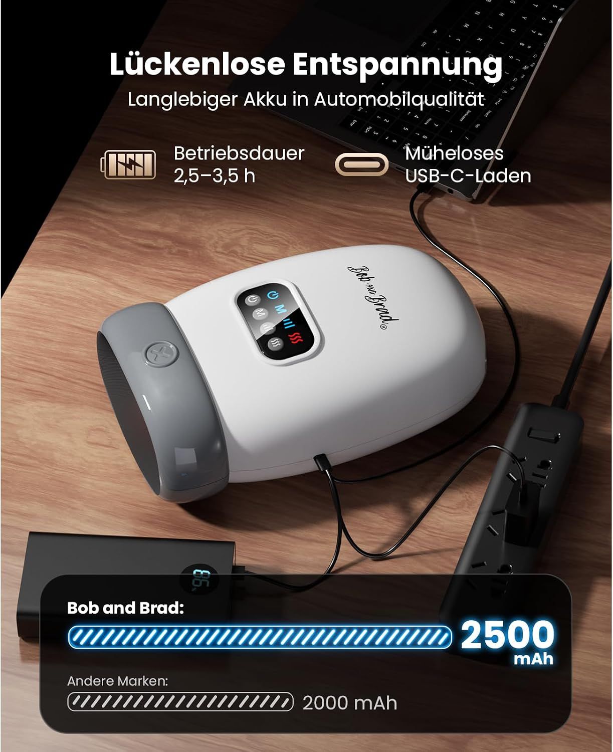 Weißes Massagegerät mit grauen Akzenten, lädt über USB-C, mit digitalem Display und Akkuanzeige.