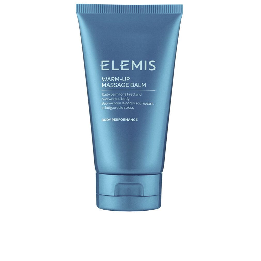 Blaue Tube mit Aufschrift: Elemis, Warm-Up Massage Balm. Text: Body balm for a tired and overworked body. Schraubverschluss.