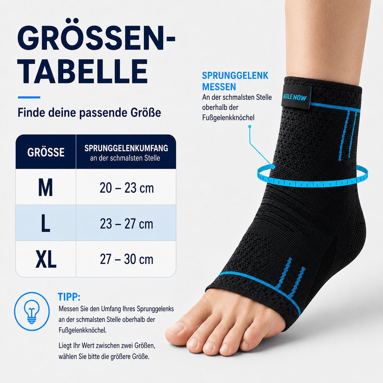 Größentabelle und Messanleitung für eine schwarze Sprunggelenkbandage.