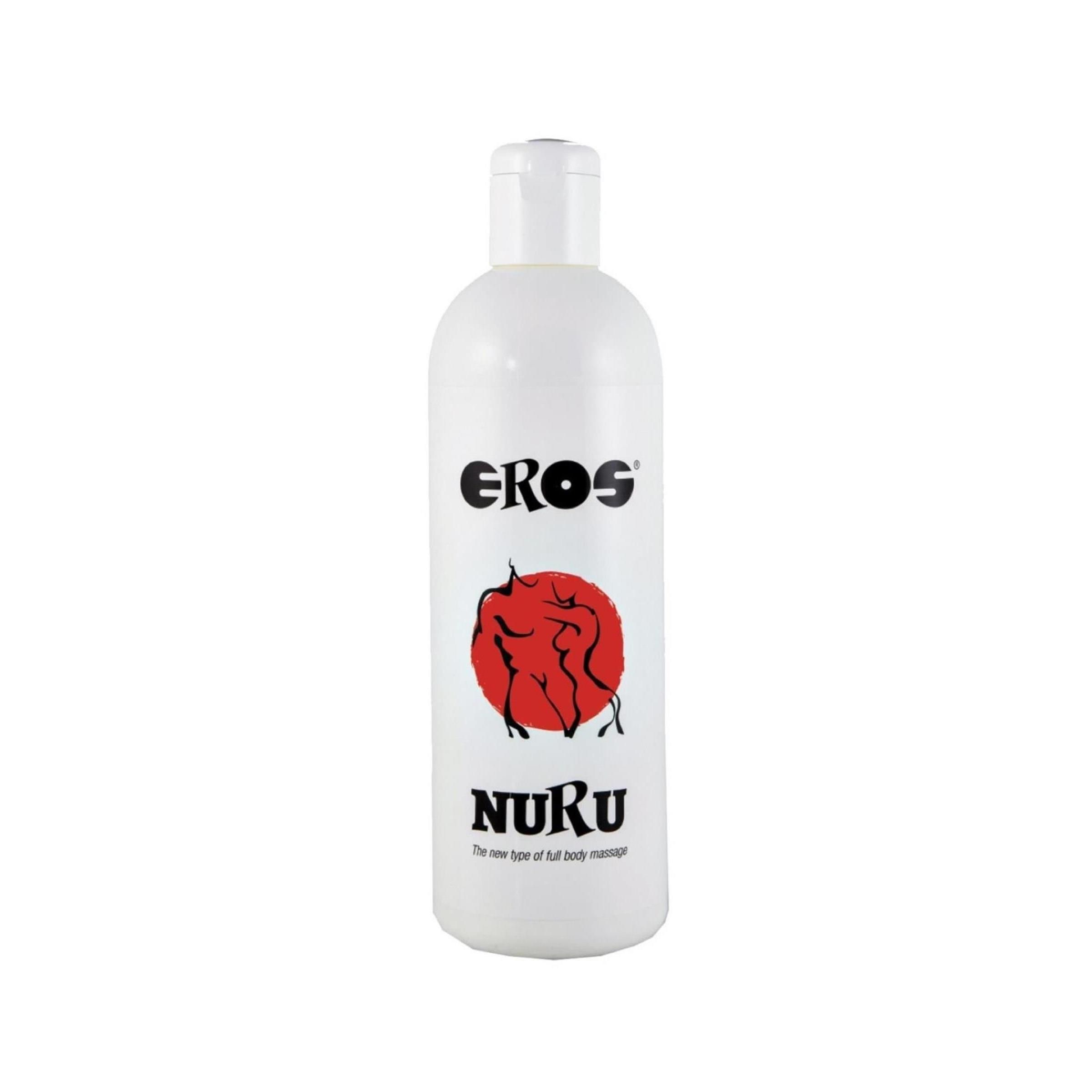 Weiße Flasche mit schwarzem "EROS"-Logo, rotem Kreis mit Figuren und "NURU"-Schriftzug. Text: "The new type of full body massage".