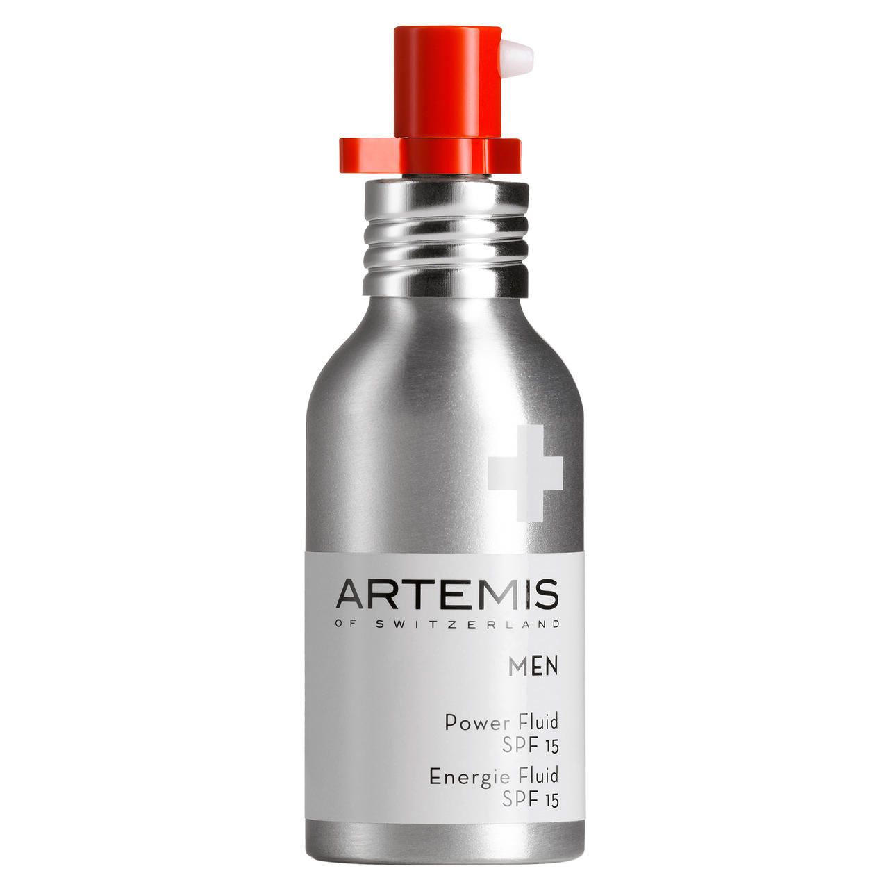 Silberne Flasche mit rotem Pumpkopf. Weißes Kreuz und Produktinformationen. Text: ARTEMIS OF SWITZERLAND MEN Power Fluid SPF 15.