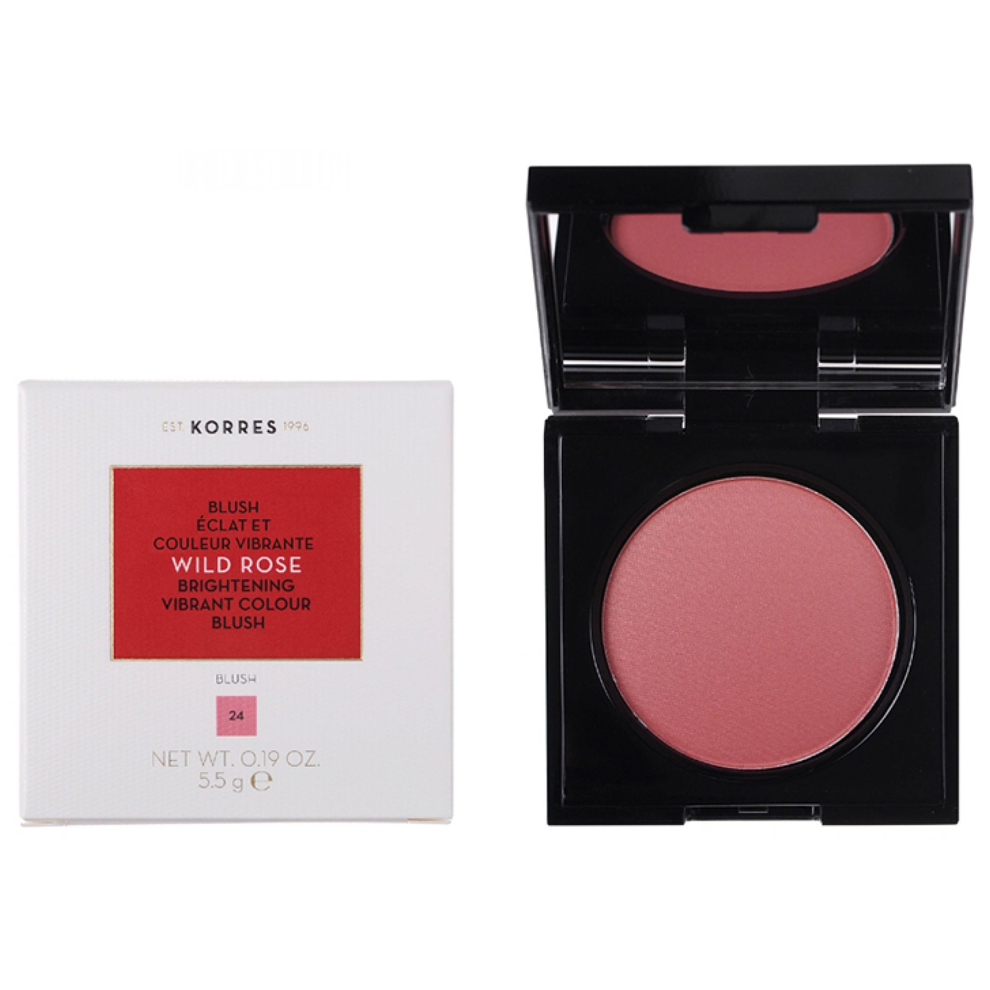 Korres Wild Rose Blush, ein rosafarbener Rouge in einem schwarzen Etui mit Spiegel.