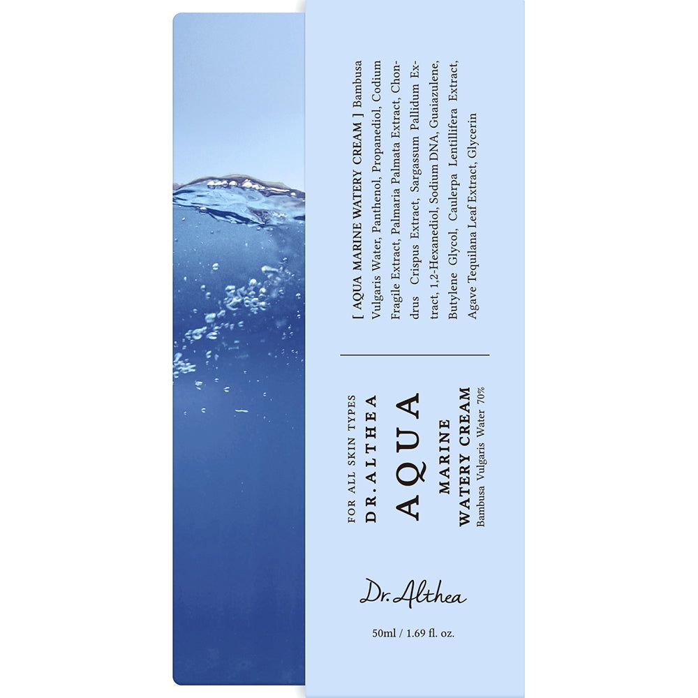 Seite einer hellblauen Tube mit Produktnamen und Inhaltsstoffliste, Wasser-Design.
