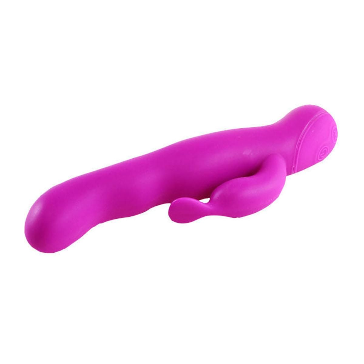 Lila Vibrator mit gebogener Form und einem kleineren Teil. Auf weißem Hintergrund.