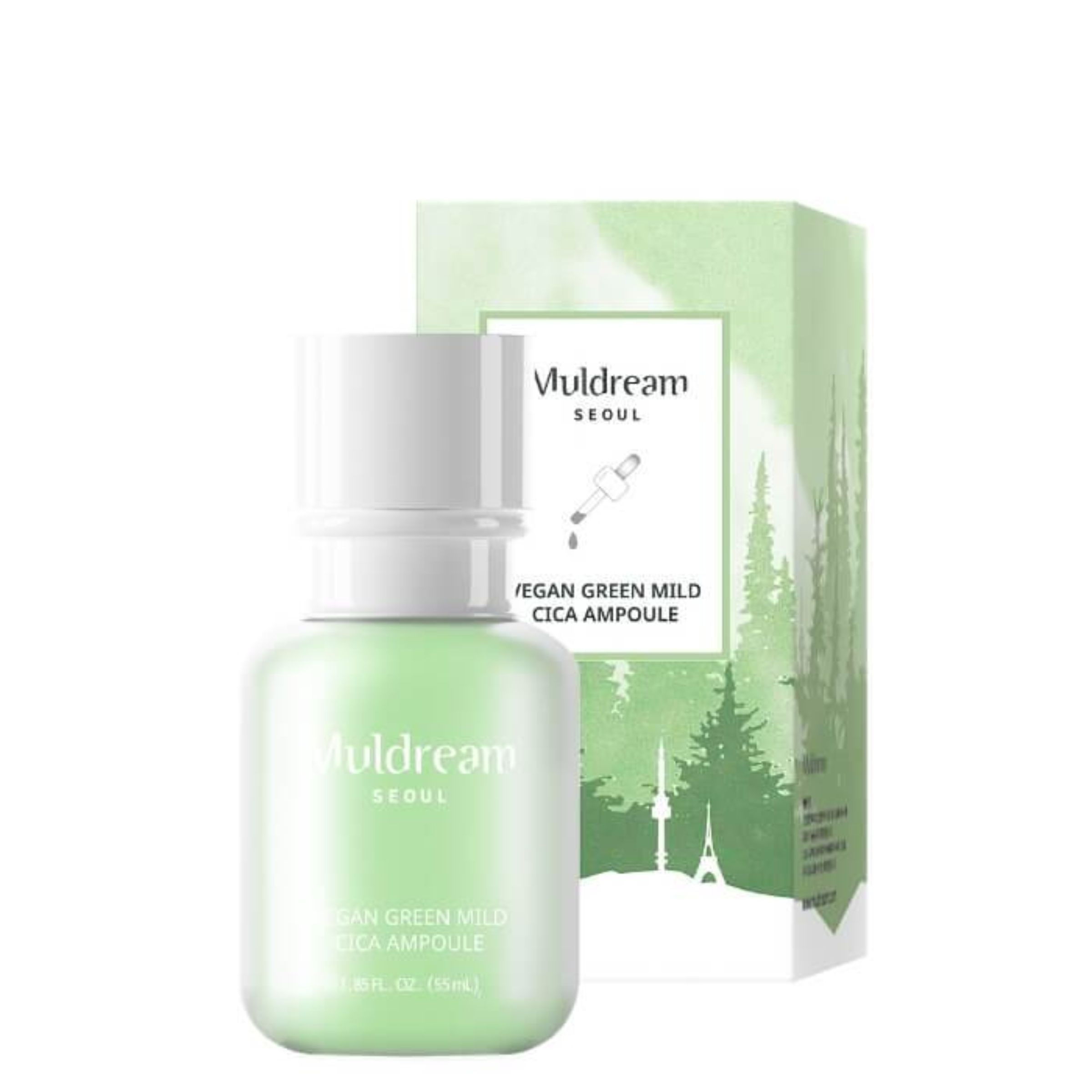 Grüne Flasche mit weißem Verschluss und Karton. Aufschrift: Muldream Seoul, Vegan Green Mild Cica Ampoule.