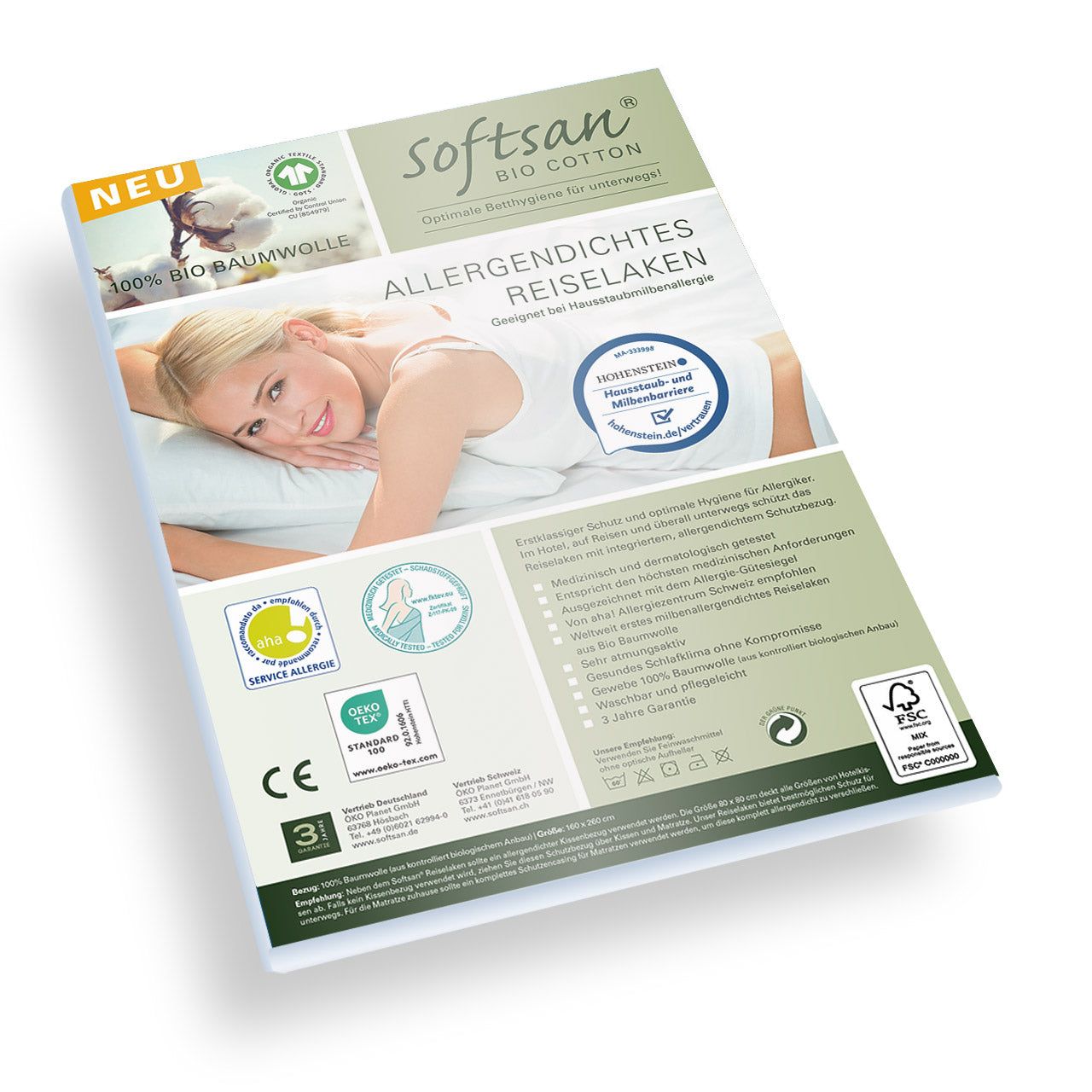 Verpackung des Softsan Reiselakens. Aufdrucke: Bio-Baumwolle, Allergendicht, Service Allergie, Zertifizierungen, Frau auf Kissen.