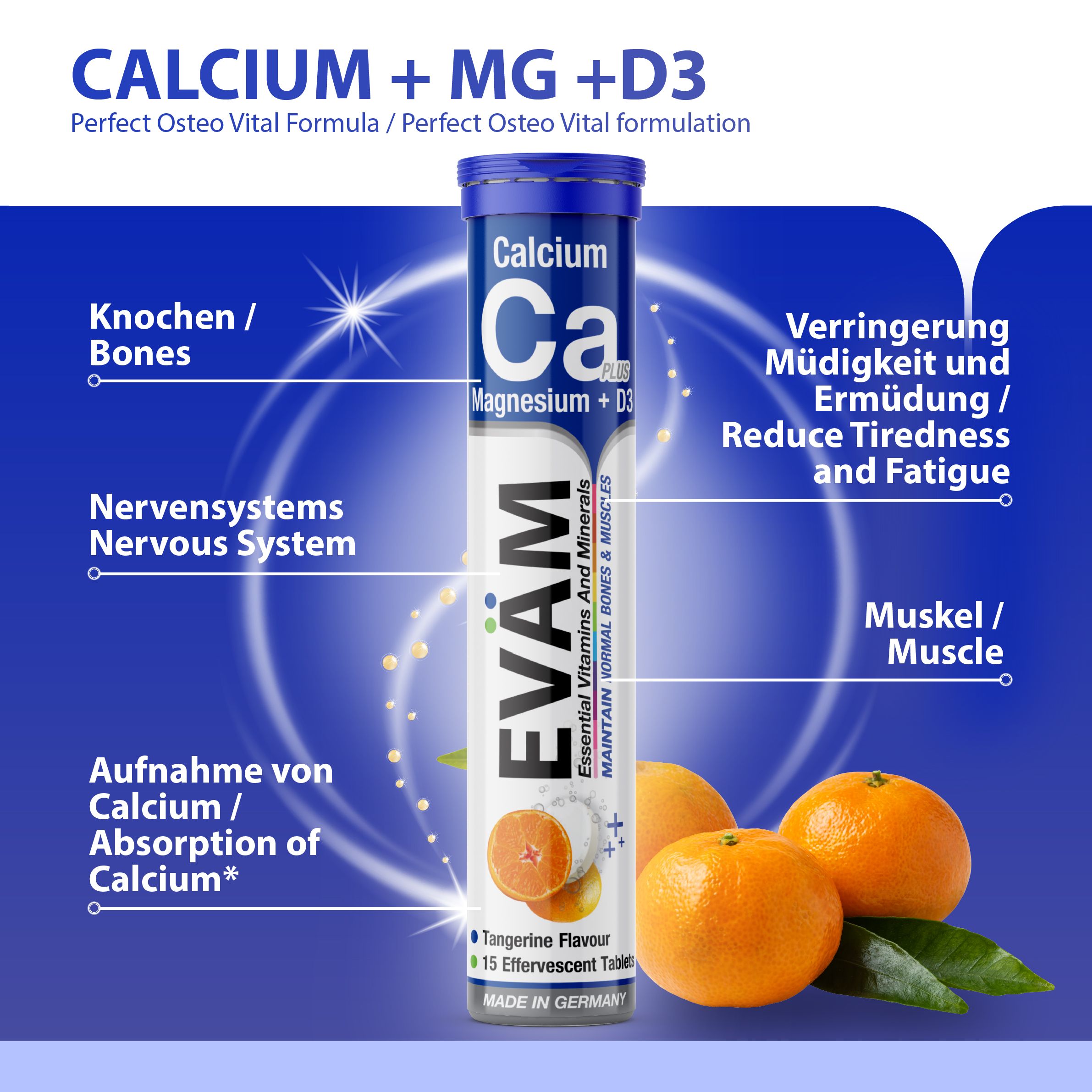 EVÄM Calcium + Magnesium + D3-Tube, Mandarinen, Text: Knochen, Nervensystem, Aufnahme von Calcium, Reduzierung von Müdigkeit.