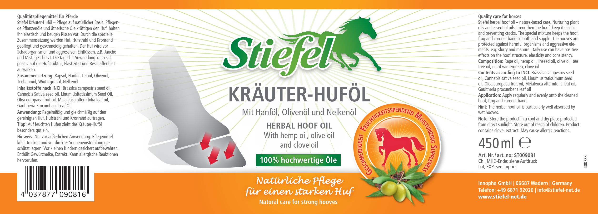 Etikett mit Produktinformationen. Schriftzug "Stiefel Kräuter-Huföl". Logo mit Pferd. Text in Deutsch und Englisch. Orangefarbener Hintergrund.