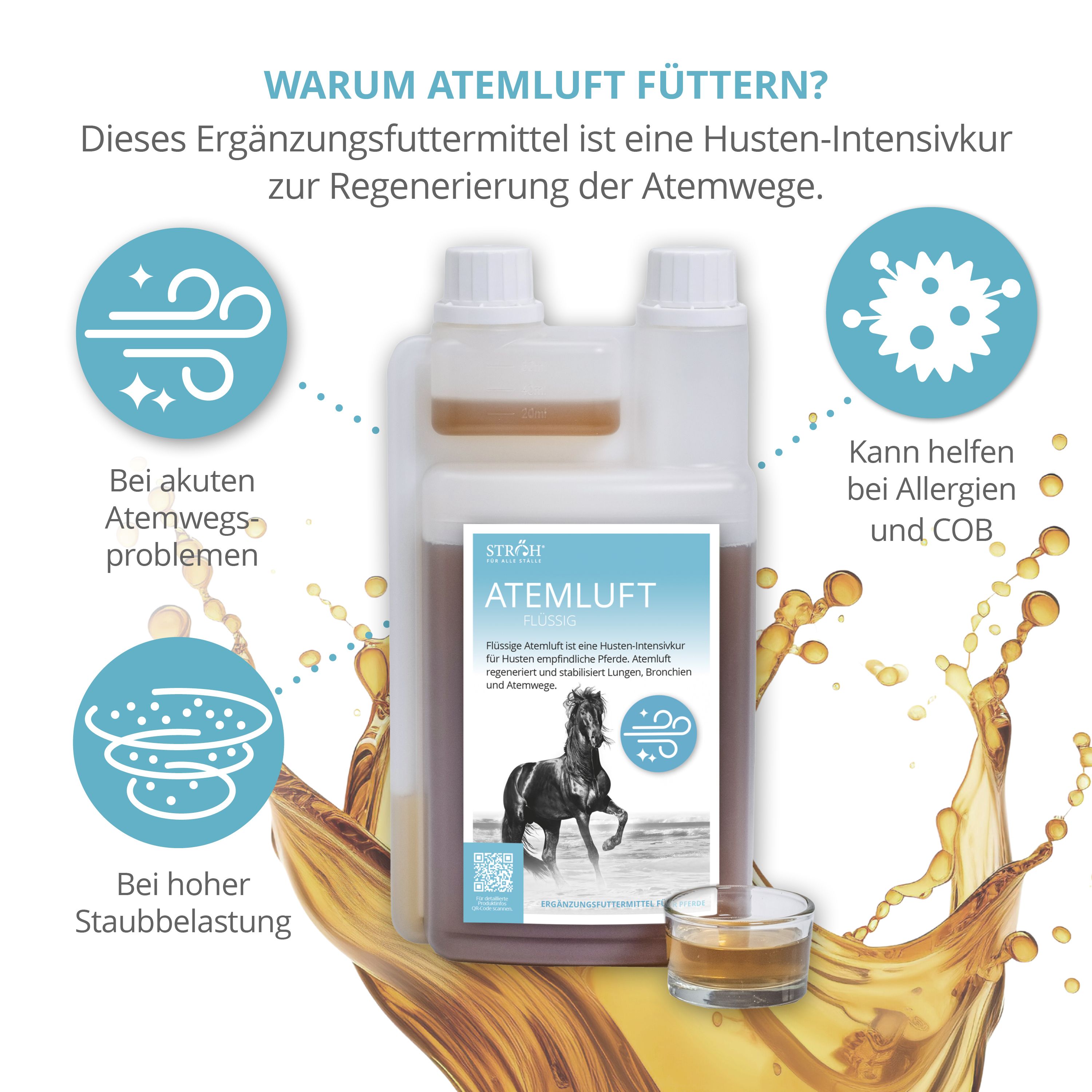 Flasche mit Flüssigkeit und Glas. Text: ATEMLUFT. Grafiken mit Text. Text: Ergänzungsfuttermittel zur Regeneration der Atemwege.