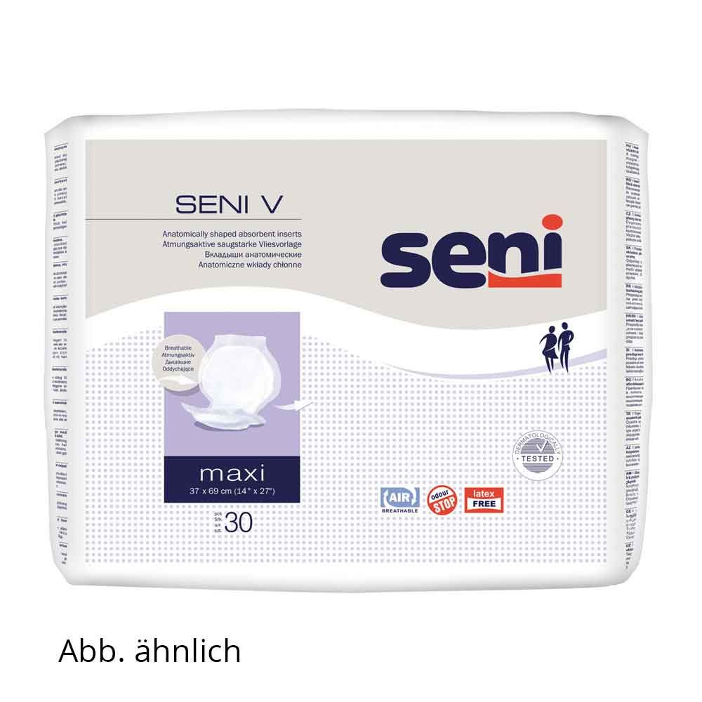Verpackung mit Seni V Maxi Einlagen. Produktabbildung, Text: Seni, Maxi, 30 Stück. Latex- und Air-System-Hinweis.