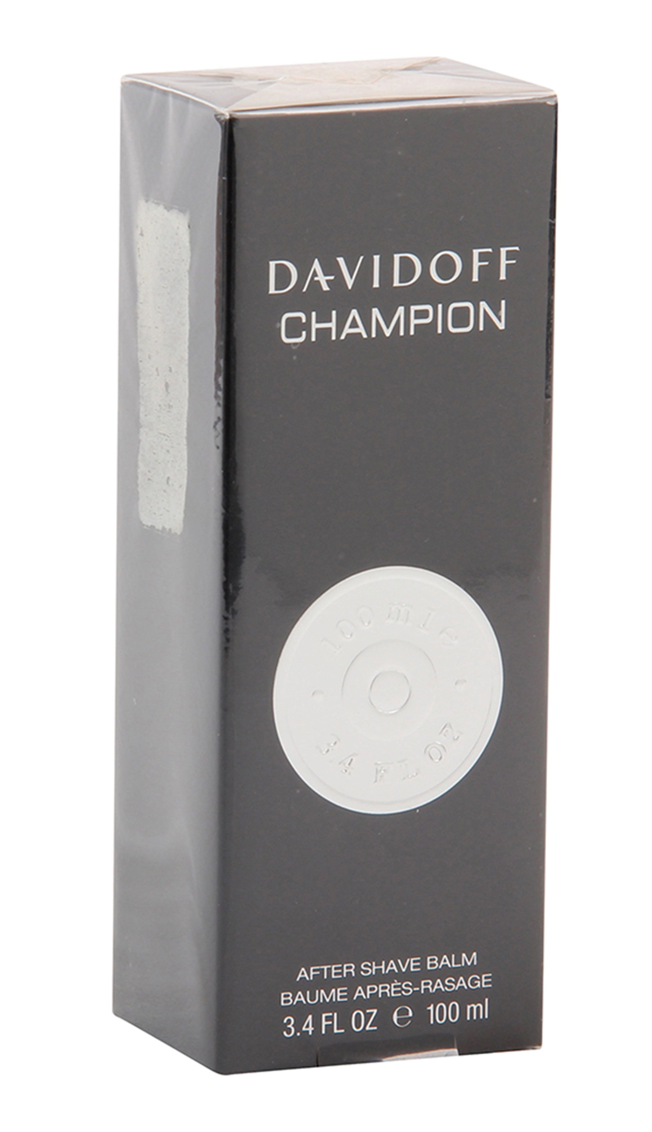 Schwarzer Karton mit weißem Logo und Schriftzug. Aufschrift: Davidoff Champion After Shave Balm. 3.4 FL OZ e 100 ml.