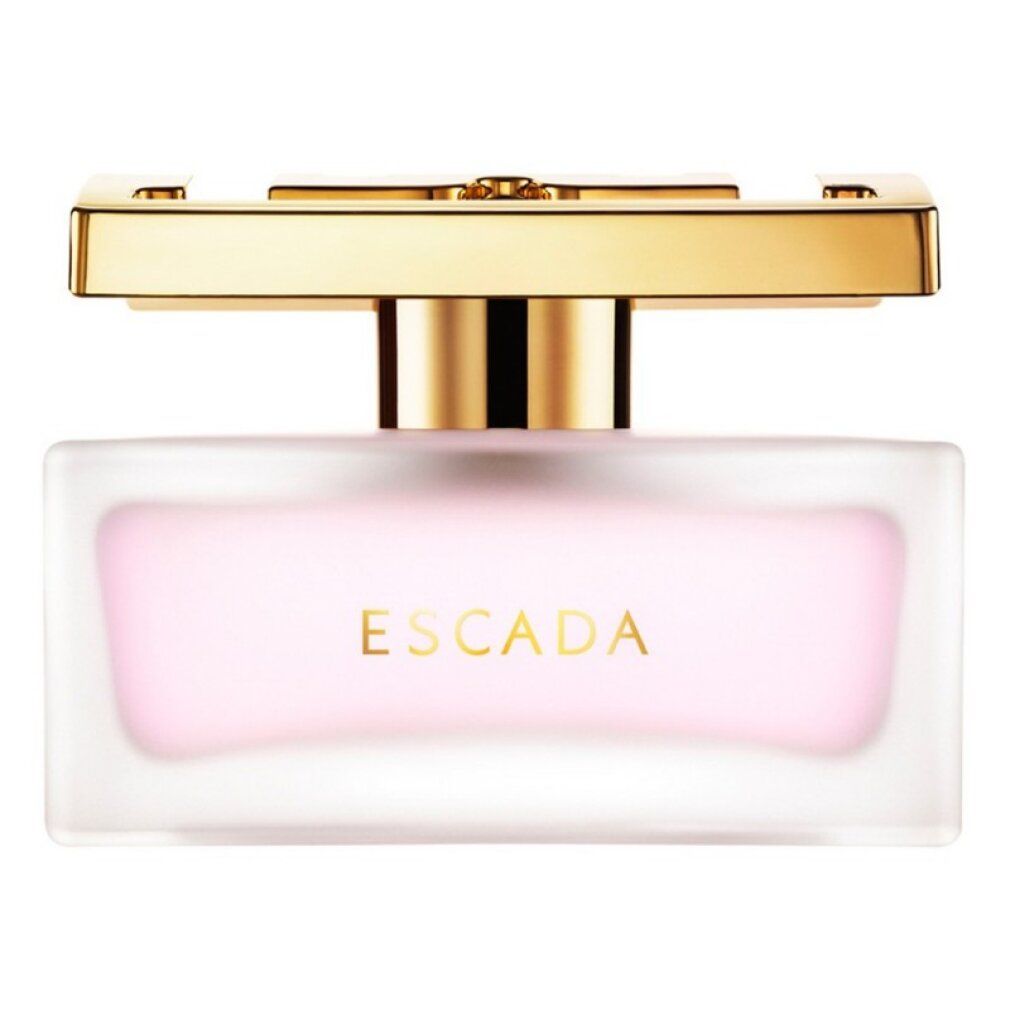 Frontale Ansicht des Escada Eau de Toilette Flakons mit goldener Kappe und rosa Flüssigkeit.