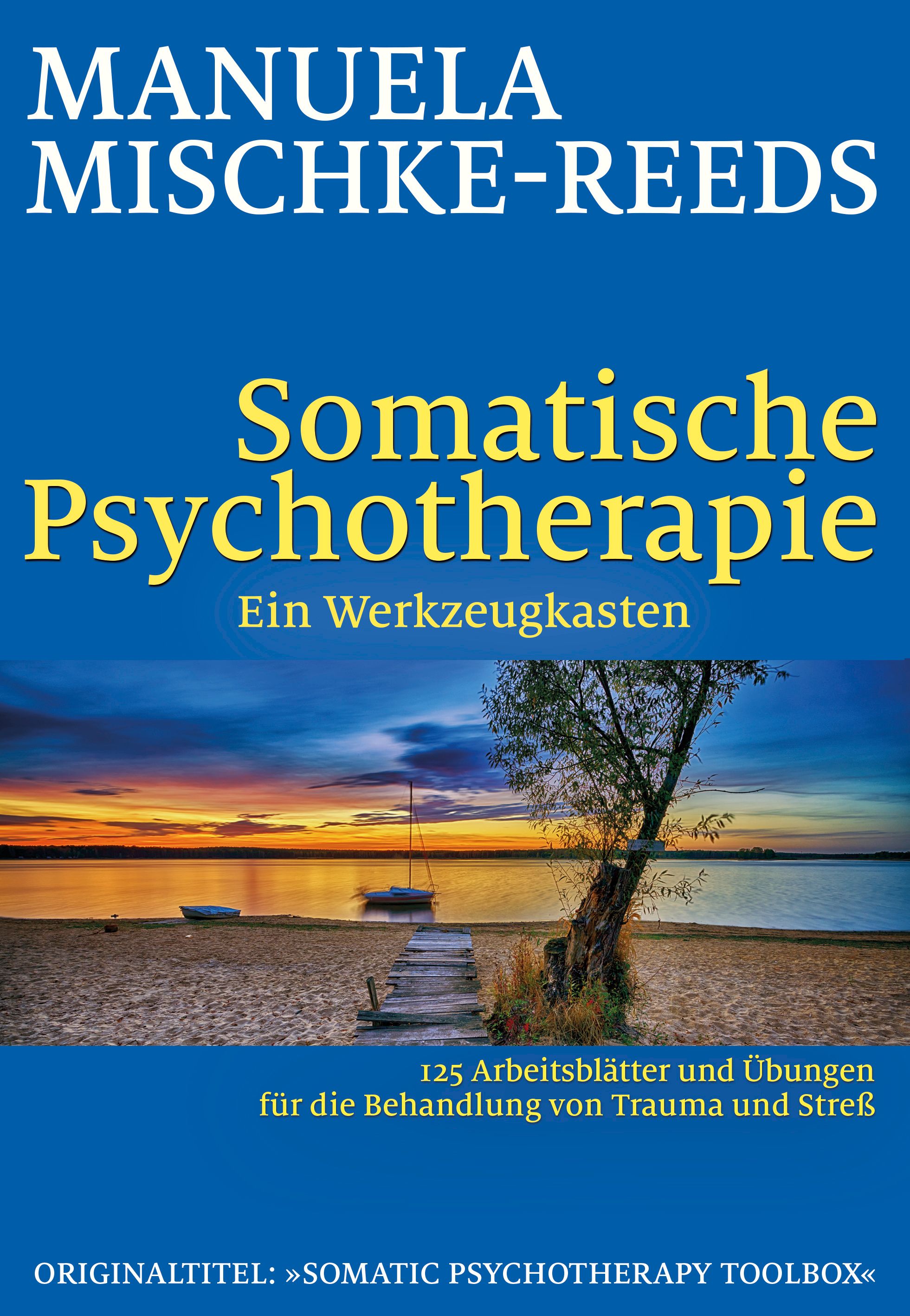 Buchcover mit Titel: Somatische Psychotherapie. Autorin: Manuela Mischke-Reeds. Untertitel: Ein Werkzeugkasten. Landschaftsfoto im Hintergrund.
