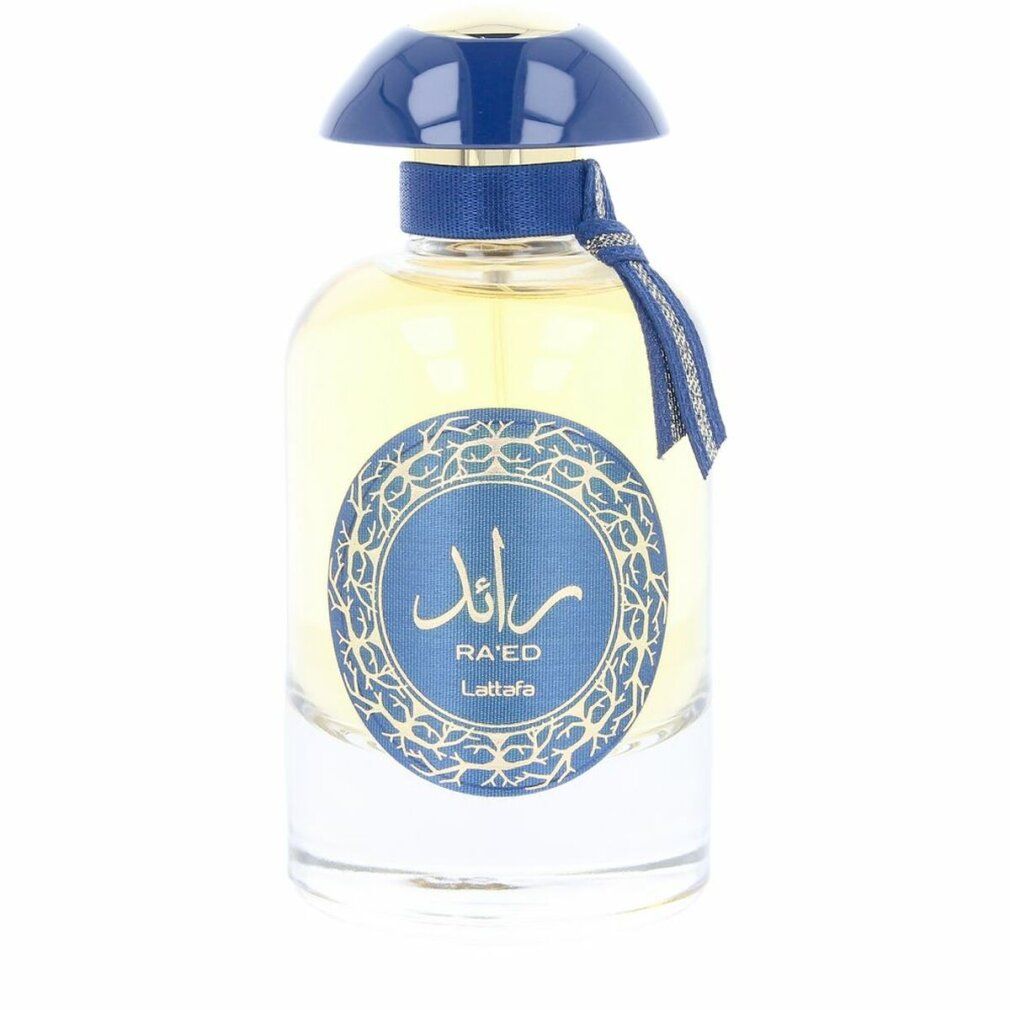 Parfümflasche mit blauem Verschluss und Etikett. Auf dem Etikett steht "Ra'ed Lattafa".