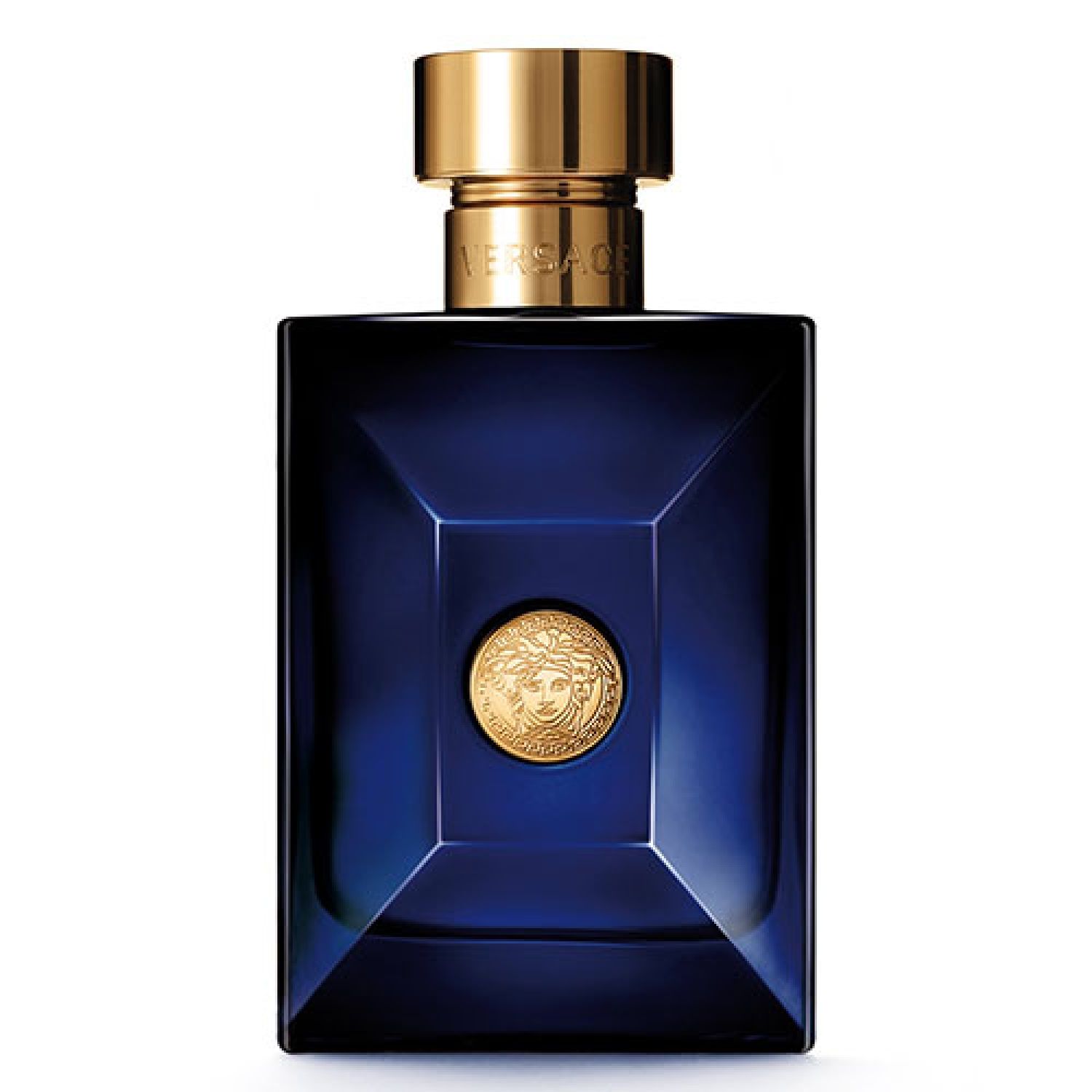 Blauer Flakon mit goldenem Verschluss. Goldene Medusa-Plakette. Marke Versace.