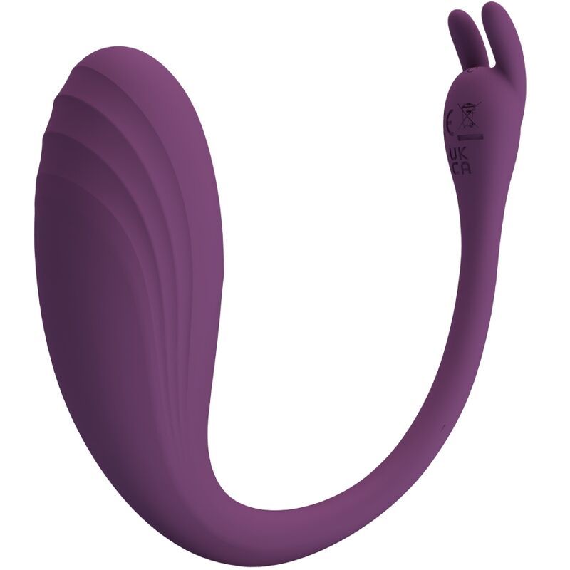 Lila Vibrator mit geriffelter Oberfläche und zwei abgerundeten Enden. CE-Kennzeichnung ist sichtbar.