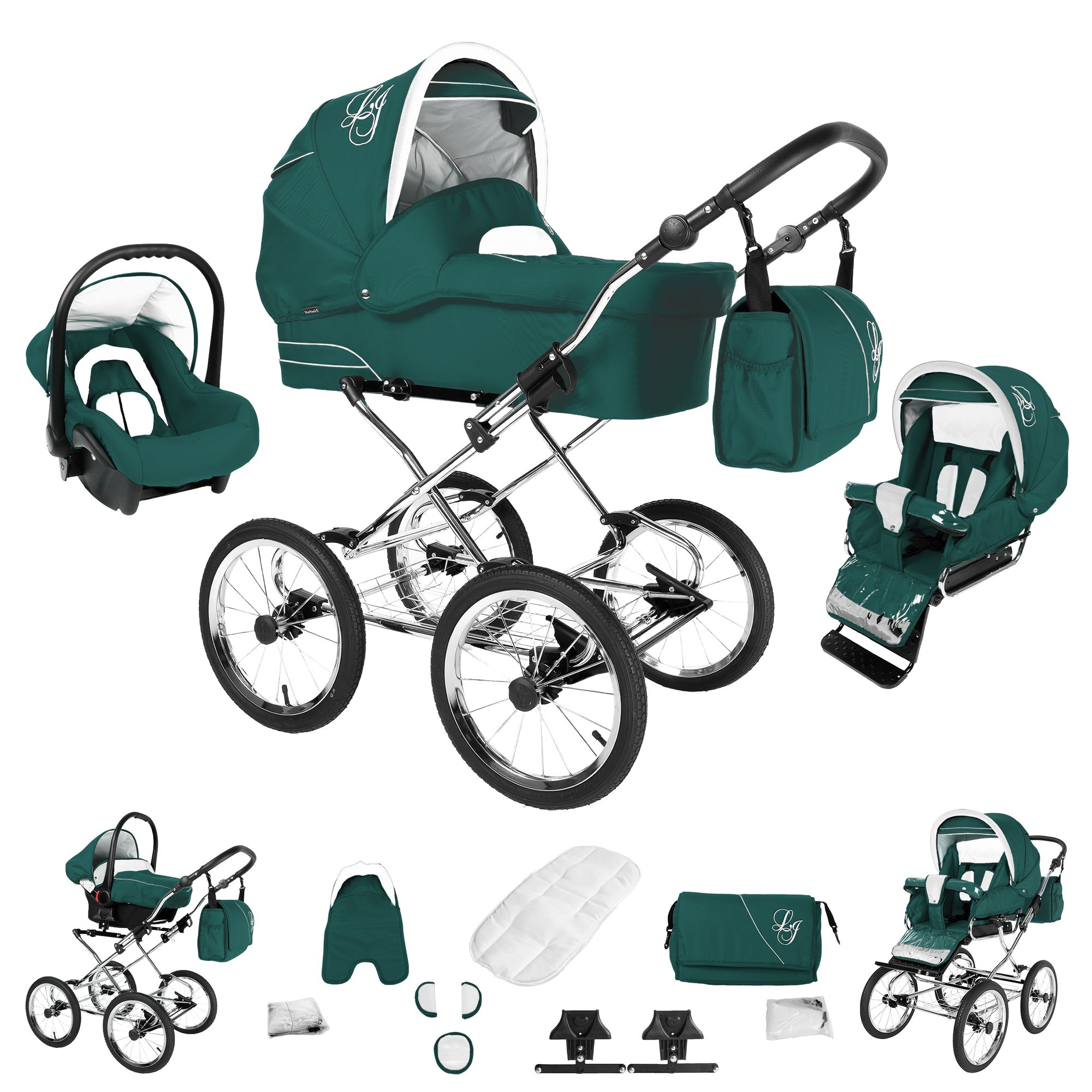 Bebebi Loving 3 in 1 Kinderwagen Set Nostalgie Kinderwagen, Green Ardent