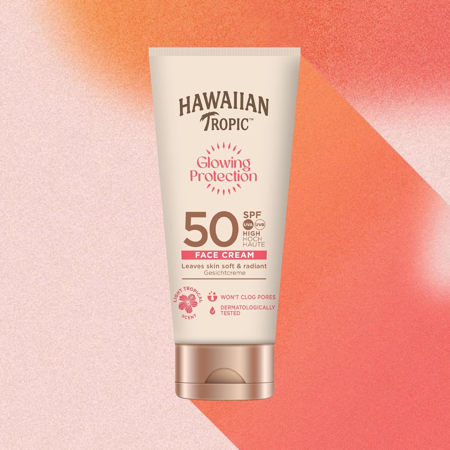 Sonnencreme-Tube. Marke: Hawaiian Tropic. LSF 50. Glowing Protection. Gesichtspflege. Dermatologisch getestet.