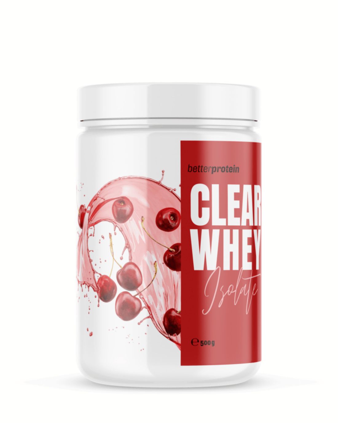 Weißer Behälter mit rotem Etikett. betterprotein CLEAR WHEY Isolate. Kirsch-Illustration. 500g.