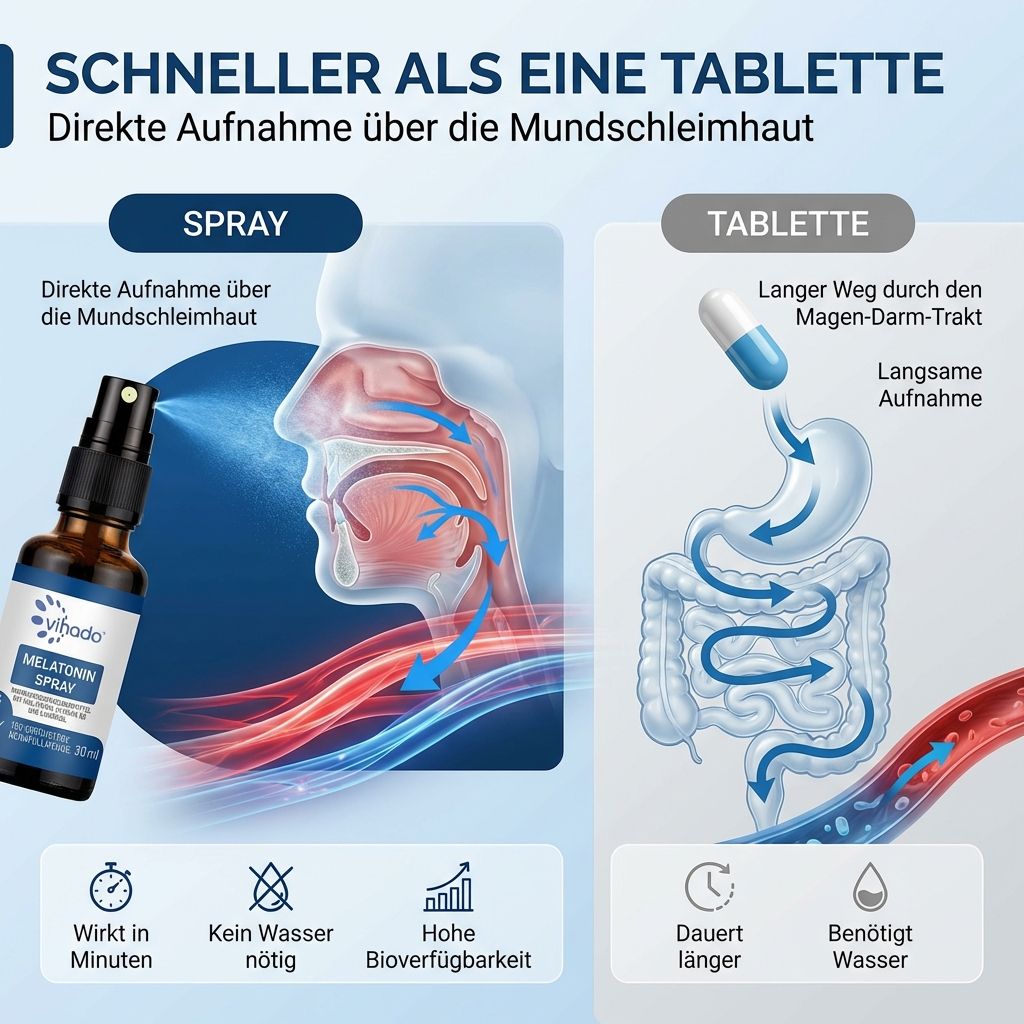 Vihado Melatonin Spray: Schneller als Tabletten. Direkte Aufnahme über Mundschleimhaut. Wirkt in Minuten, keine Wasser nötig, hohe Bioverfügbarkeit.