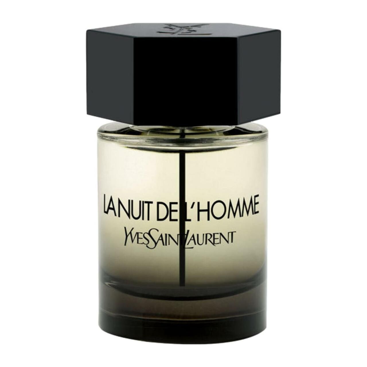 Yves Saint Laurent La Nuit de L'Homme E.d.T. Vapo. Zylindrischer Flakon mit schwarzem, sechseckigem Deckel. Schwarze Schrift.